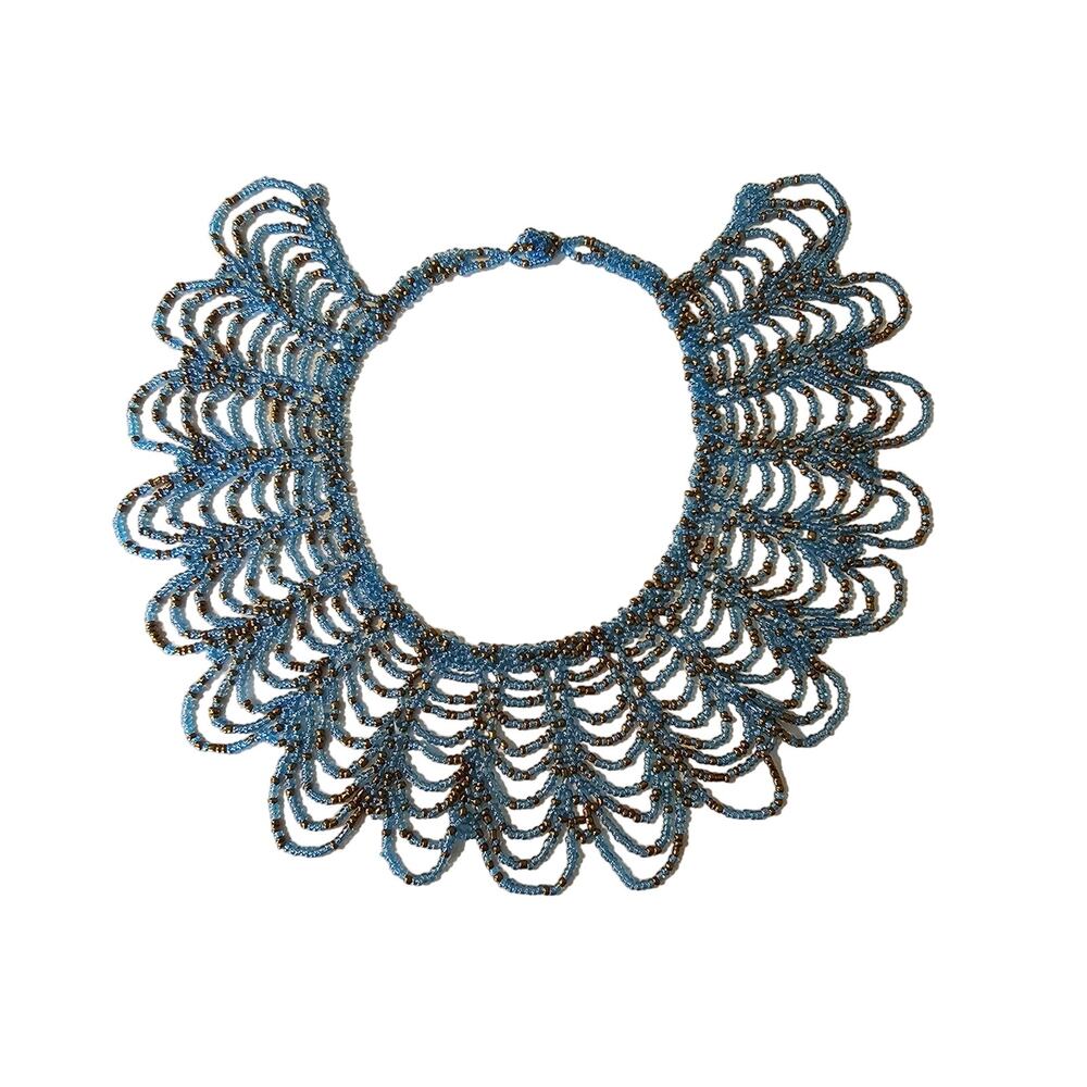 Vintage African Beaded Collar Scalloped Design Blue and Silver